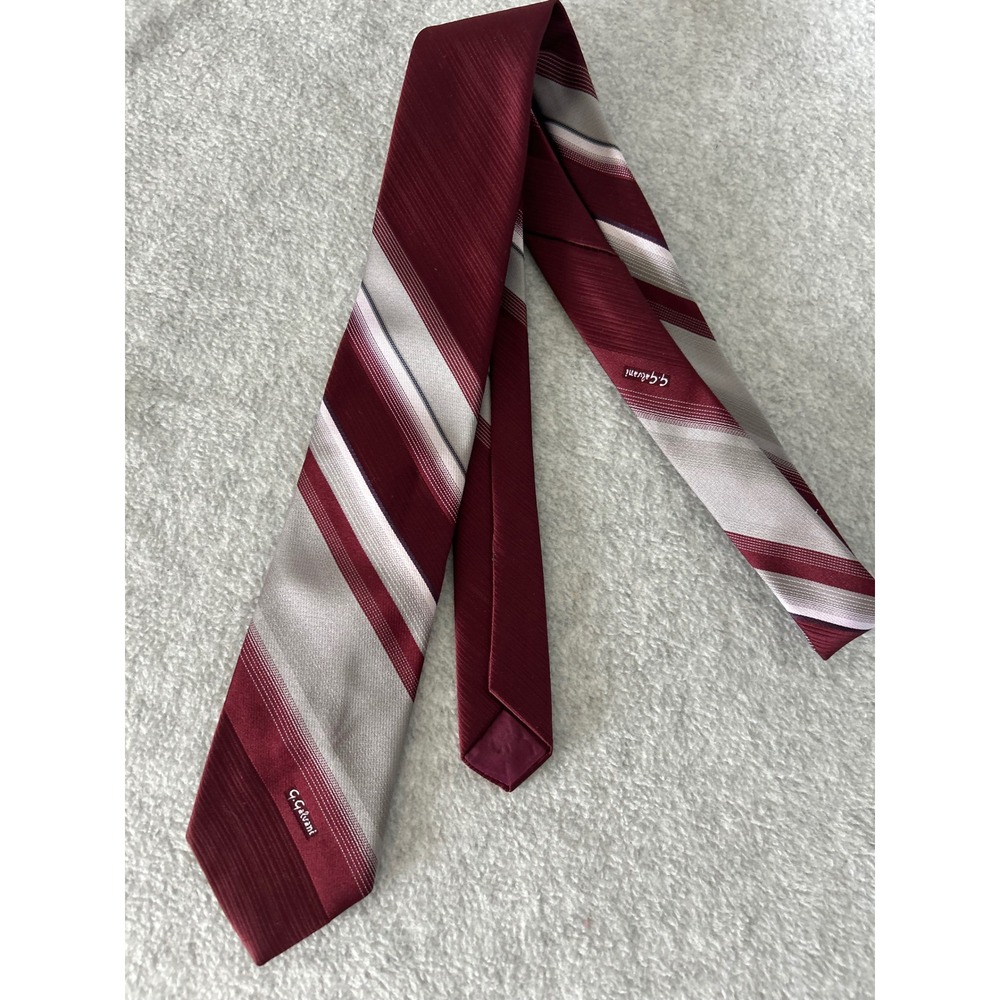 G Galvani Mens Silk Tie Burgundy Red Silver‎ White Striped Formal Necktie